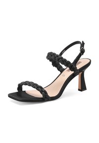 Sandal nera con tacco alto, con cinturini intrecciati e punta quadrata. Presenta una finitura testurizzata, cinturino alla caviglia regolabile e un'altezza del tacco moderata.