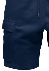 Navy blue shorts made of soft cotton, featuring a side pocket and drawstring waist. Smooth texture and athletic fit.
