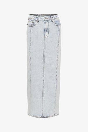 Gonna di jeans in una tonalità blu chiaro, design a taglio dritto, con tasche anteriori e posteriori e dettagli di cucitura visibili.