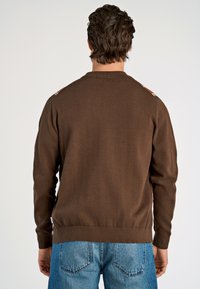 Brązowy dzianinowy sweter z okrągłym dekoltem, długimi rękawami i ribbonowym dołem; posiada detale materiałowe na ramionach. Nosi się go z jasnoniebieskimi dżinsami.