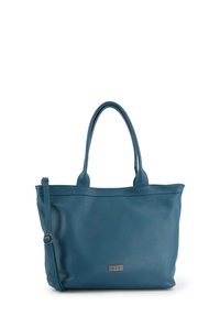 Teal læder tote taske med dobbelte hanke, der har et åbent design i toppen og en diskret logo plade foran. Glat tekstur, minimale detaljer.