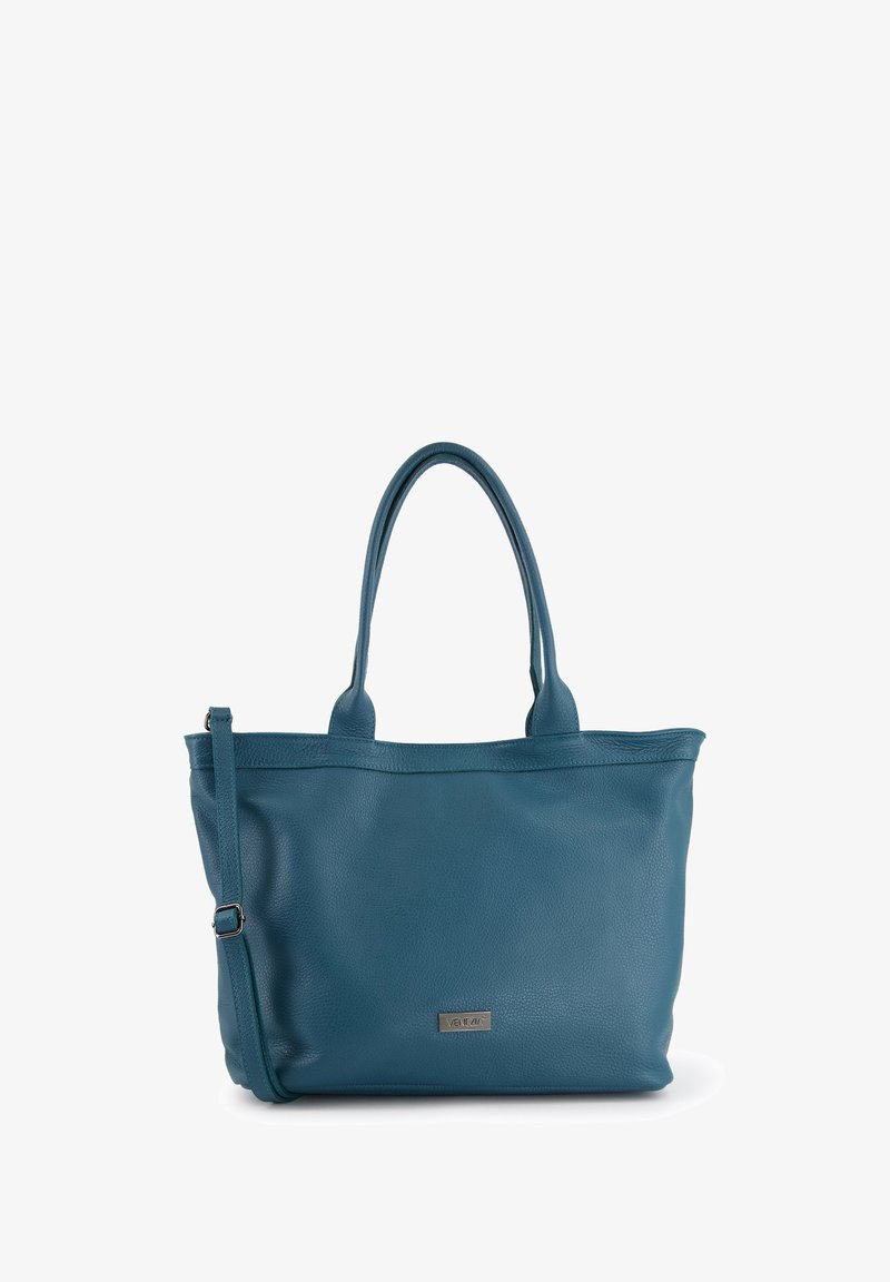 Teal leather tote bag with dual handles, featuring a top open design and a subtle logo plaque on the front. Smooth texture, minimal accents.