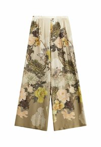 Pantaloni a gamba larga floreali realizzati in tessuto morbido. Presentano grandi motivi floreali gialli, bianchi e verdi su uno sfondo beige. Vita elastica.