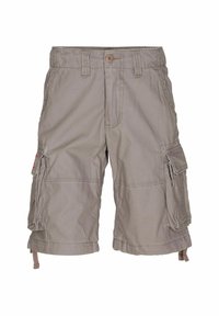Beige cargo sort, sima textúrájú anyagból készítve. Oldalsó zsebbel, gombos záródással és állítható szegéllyel rendelkezik.