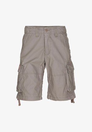 Beige cargo sort, sima textúrájú anyagból készítve. Oldalsó zsebbel, gombos záródással és állítható szegéllyel rendelkezik.