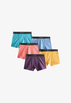 Cinco pares de calzoncillos bóxer para hombre en colores verde azulado, azul claro, coral, púrpura y amarillo, cada uno con una cinturilla negra con la marca "Paul Smith".