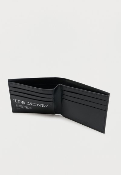 Portefeuille noir à deux volets ouvert montrant six emplacements pour cartes, deux compartiments pour billets, et un texte blanc indiquant "FOR MONEY" sur le panneau intérieur gauche.