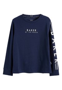 Marineblaues Langarm-T-Shirt aus Baumwolle mit weißem Branding "BAKER BY TED BAKER" auf der Brust und "BAKER" entlang des Ärmels bedruckt.
