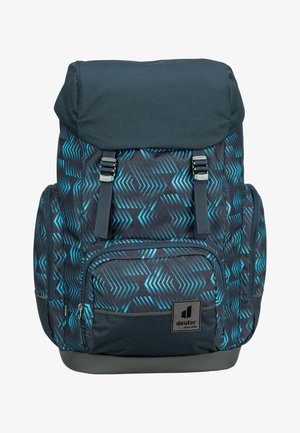 Zaino blu navy con motivi geometrici blu, dotato di spallacci regolabili, pattina superiore, tasca frontale e fondo rinforzato.
