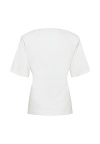 Chemise blanche unie à manches courtes avec un col rond, vue de dos sur un fond blanc.