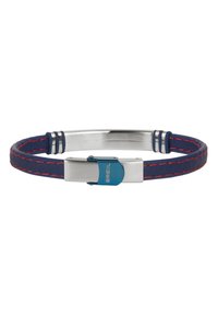 Marinblå gummiband med röda sömmar, utrustad med en glänsande silverklämma och blå accent, ingraverad logotyp, elegant cylindrisk form.