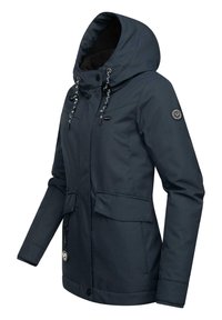 Navy waterproof jacket with a hood, drawstring closure, zippered and flap pockets, and logo patch on the sleeve. Smooth texture.