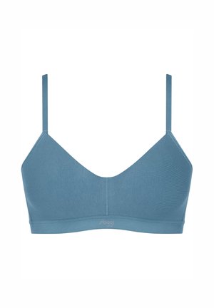 Weicher blauer kabelloser BH mit verstellbaren Trägern, glatter Textur, V-Ausschnitt-Design und einem Logo im Bund. Keine Polsterung oder Bügel.