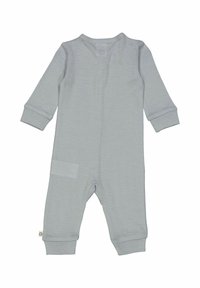 Světle šedý overal vyrobený z měkké látky, s dlouhými rukávy, žebrovanými manžetami a jednoduchým designem bez ozdob.