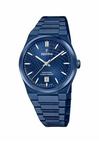 Orologio in acciaio inossidabile blu con quadrante texturizzato, lancette argentate, display della data e certificazione di resistenza all'acqua fino a 10 bar. Caratterizza un design preciso.