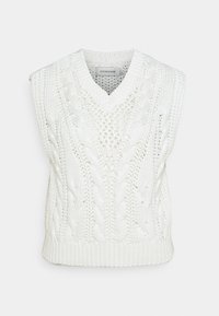Biała, dziana bezrękawnik z dekoltem w kształcie litery V, z motywem warkocza, prążkowanym dołem i fakturowym wykończeniem.