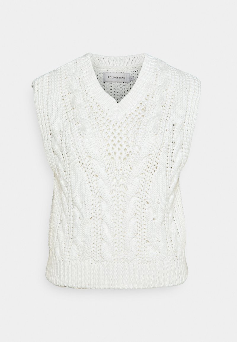 Biała, dziana bezrękawnik z dekoltem w kształcie litery V, z motywem warkocza, prążkowanym dołem i fakturowym wykończeniem.
