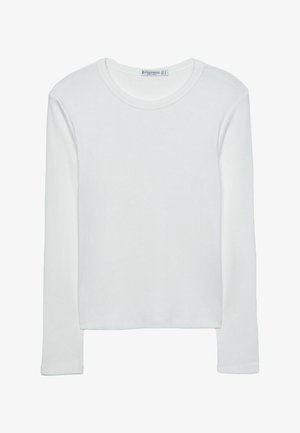 Weißes Langarm-T-Shirt aus geripptem Stoff mit Rundhalsausschnitt und geradem Saum. Schlichtes, einfarbiges Design.