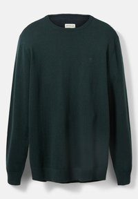 Pull vert foncé à manches longues avec col rond, poignets et ourlet côtelés, petit logo brodé sur le côté gauche de la poitrine, texture en tricot uni.