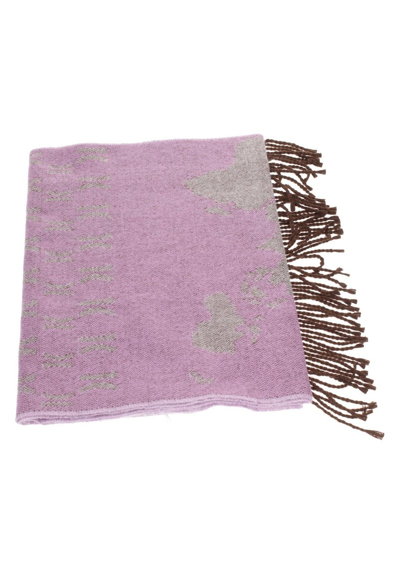 Coperta in tessuto viola con una consistenza liscia, caratterizzata da motivi argentati e frange marroni lungo un bordo.