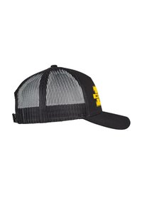 Black cap with a solid front, mesh back, and a curved visor. Features a yellow graphic on the front. Adjustable strap at the back.