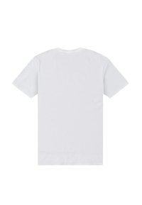 Hvid t-shirt med korte ærmer og rund hals. Har en glat bomuldstekstur, enkelt design og ingen synlige grafik eller detaljer.