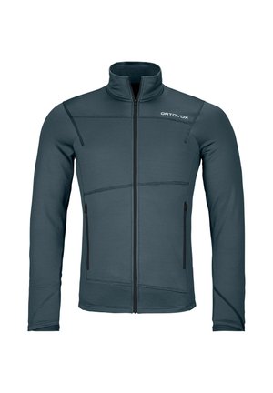 Dunkelgraue Jacke mit durchgehendem Reißverschluss und hohem Kragen, ausgestattet mit zwei seitlichen Reißverschlusstaschen, strukturierter Stoff und schräg verlaufende Nahtdetails.