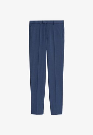 Námořnické modré kalhoty na míru vyrobené z hladkého materiálu, s plochým předním dílem, bočními kapsami a přímým střihem. Žádné viditelné vzory.