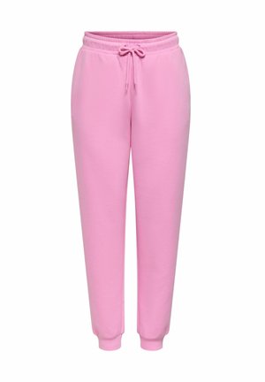 Pantalon de jogging en polaire rose avec taille élastique et cordon de serrage, poches latérales et chevilles resserrées.