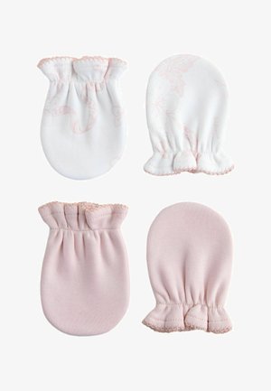 Satz von vier Babyfäustlingen aus weicher Baumwolle. Zwei weiß mit rosa Blumenmuster; zwei einfarbig rosa. Gefütterte Bündchen, abgerundete Formen, weiche Textur.