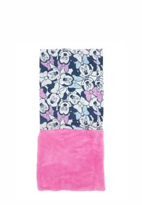 Coperta a tema Minnie Mouse con parte superiore blu navy con motivi cartoni animati e parte inferiore in morbido peluche rosa. Il materiale è cotone e fleece.