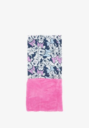 Coperta a tema Minnie Mouse con parte superiore blu navy con motivi cartoni animati e parte inferiore in morbido peluche rosa. Il materiale è cotone e fleece.