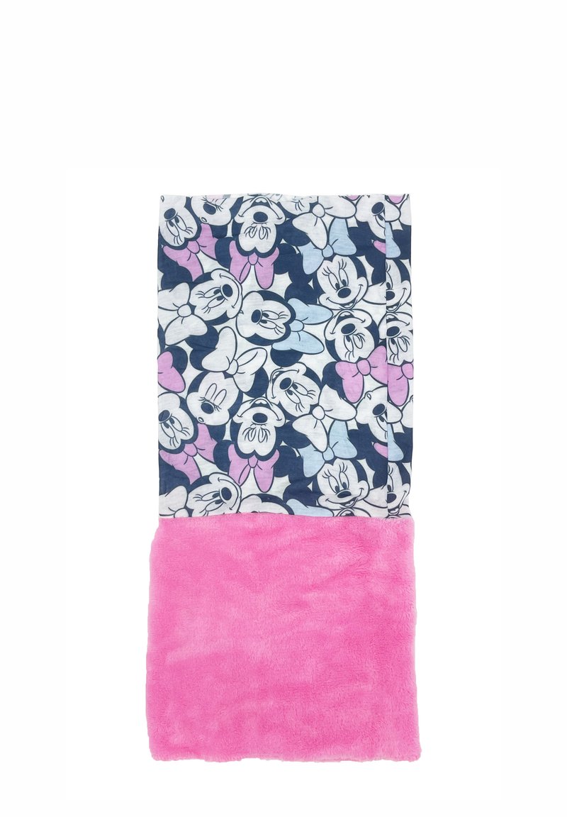 Coperta a tema Minnie Mouse con parte superiore blu navy con motivi cartoni animati e parte inferiore in morbido peluche rosa. Il materiale è cotone e fleece.