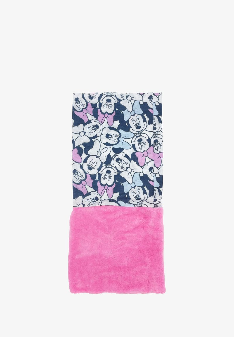 Coperta a tema Minnie Mouse con parte superiore blu navy con motivi cartoni animati e parte inferiore in morbido peluche rosa. Il materiale è cotone e fleece.