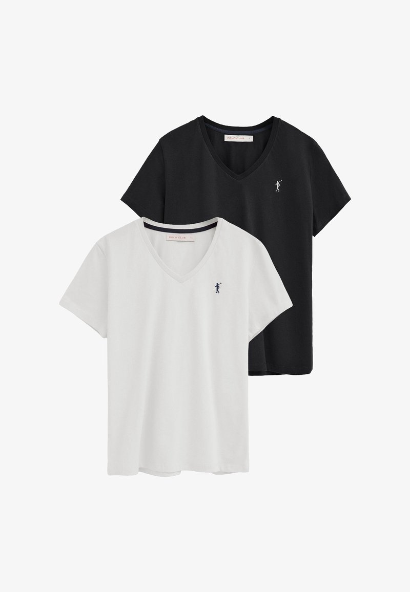 To V-udskårne T-shirts med korte ærmer, en sort og en hvid, hver med et lille broderet golfspillerlogo på venstre bryst.