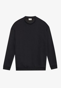 Svart hettegenser med lange ermer, rund hals, ribbede mansjetter og nederkant. Myk tekstur, minimalistisk design og ingen synlige mønstre eller detaljer.