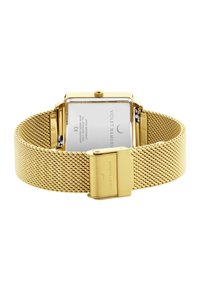 Gold-Mesh-Armbanduhr mit rechteckigem Gehäuse, silberner Rückseite und Verschluss. Zu den Merkmalen gehören ein japanisches Uhrwerk und Wasserdichtigkeit.