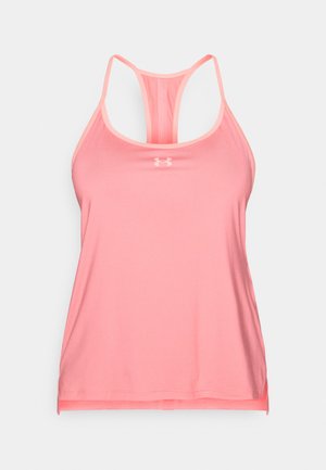 Pink athletic tank top with thin straps, a racerback design, and Under Armour logo at the center chest. Smooth fabric texture.