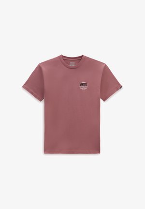 Kurzarm-T-Shirt in gedämpftem Rosaton, aus Baumwolle gefertigt, mit einem kleinen gedruckten Logo auf der linken Brust und einem Rundhalsausschnitt.