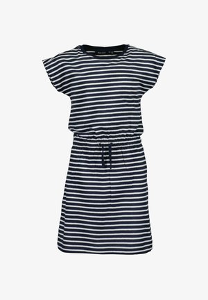 Robe à manches courtes rayée horizontalement bleu marine et blanc, avec taille élastique et cordon de serrage, longueur au genou, style décontracté.