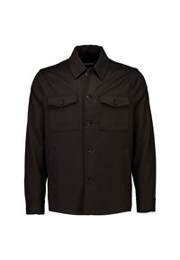 Chaqueta negra con cuello clásico, dos bolsillos en el pecho, cierre de botones en la parte delantera y mangas largas. Fabricada en tejido texturizado, cuenta con botones duraderos.