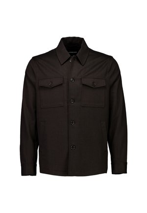 Chaqueta negra con cuello clásico, dos bolsillos en el pecho, cierre de botones en la parte delantera y mangas largas. Fabricada en tejido texturizado, cuenta con botones duraderos.