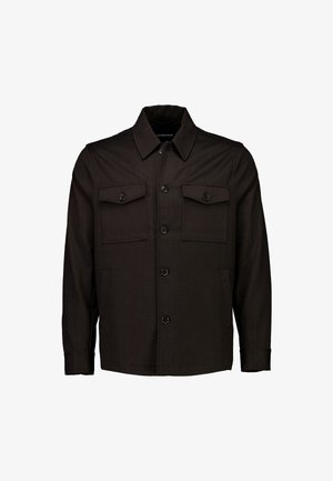 Zwarte jack met een klassieke kraag, twee borstzakken, knoopsluiting aan de voorkant en lange mouwen. Gemaakt van een gestructureerde stof, voorzien van duurzame knopen.