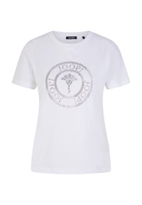 Camiseta blanca de algodón con un diseño redondo adornado con cristales y el nombre de la marca "JOOP!" en un patrón circular. Mangas cortas.
