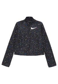 Schwarze, kurze Jacke mit einem mehrfarbigen gesprenkelten Muster, Reißverschlusskragen und einem weißen Nike-Logo auf der linken Brust. Hergestellt aus leichtem Material.