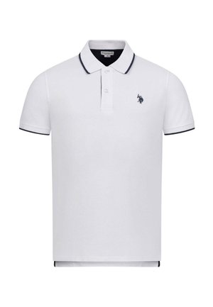 White polo shirt with short sleeves, three-button placket, navy collar trim, and a small embroidered logo on the left chest. Cotton material.