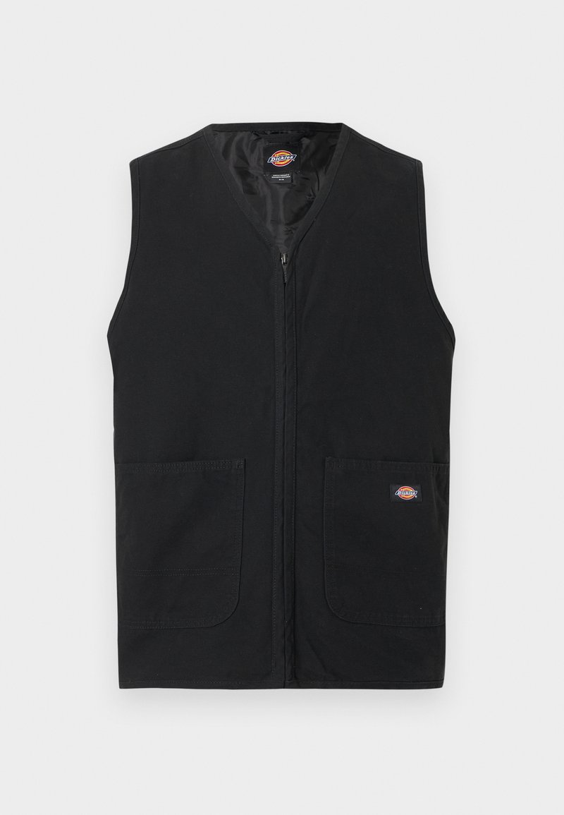 Gilet nero senza maniche con cerniera frontale e due grandi tasche anteriori, con un piccolo logo Dickies sulla tasca destra.