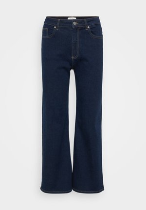 Mørkeblå denim wide-leg jeans med lukning foran med knap og lynlås, fem lommer og kontrastsyde. Glat tekstur.