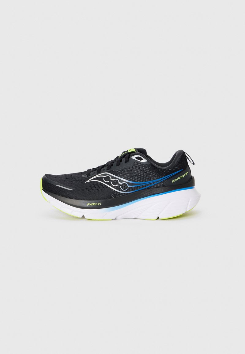Scarpa da corsa nera con tomaia in mesh, suola intermedia bianca, accenti blu e verdi, e un design aerodinamico. Leggera con suola ammortizzata.