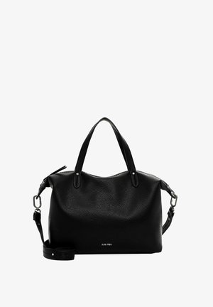 Borsa a mano in pelle nera con texture a grani, doppi manici e tracolla rimovibile. Presenta dettagli in metallo argentato e il logo.